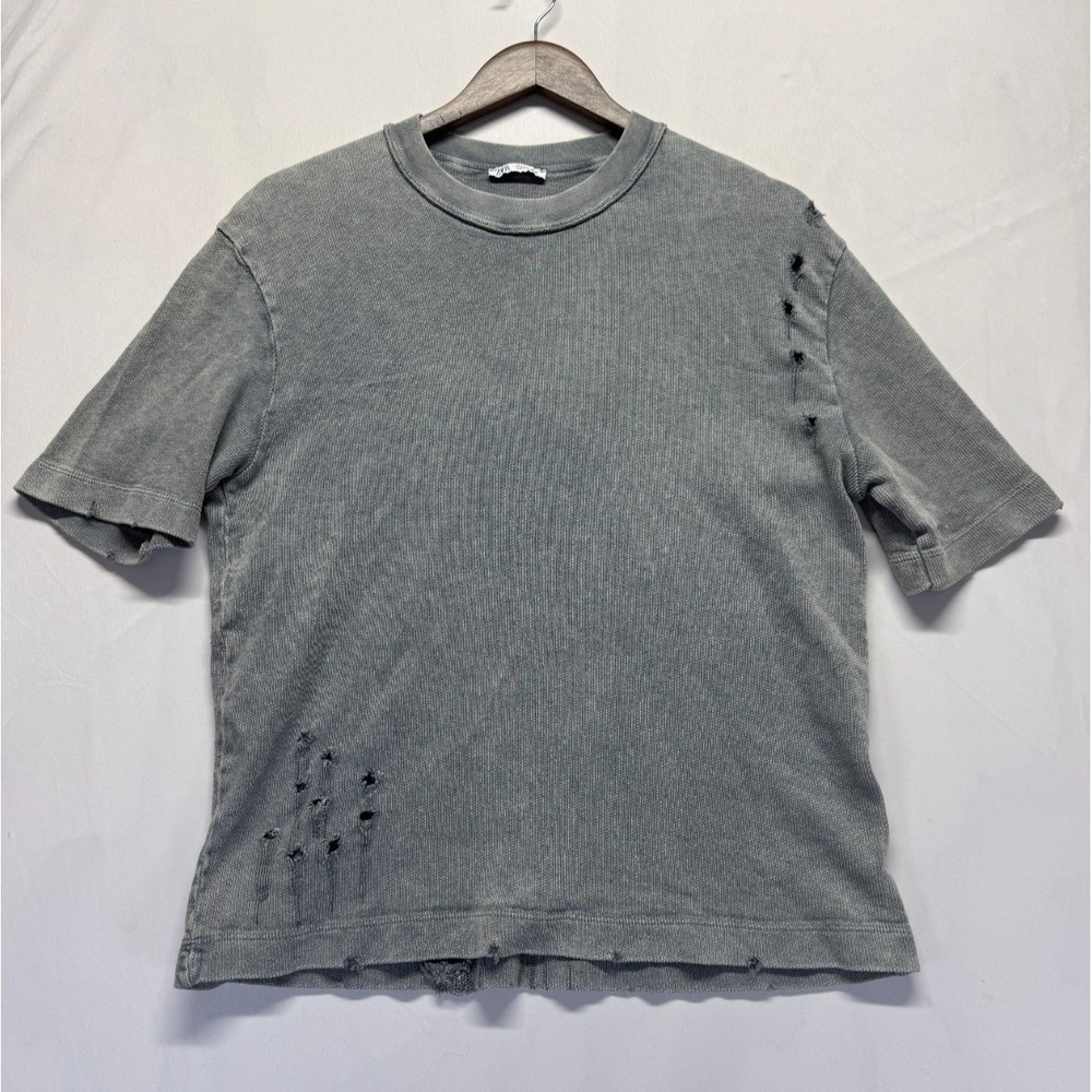 Zara T Shirt Mens Small Heather Gray Ribbed Knit‎ Distressed Crew Neck Casual